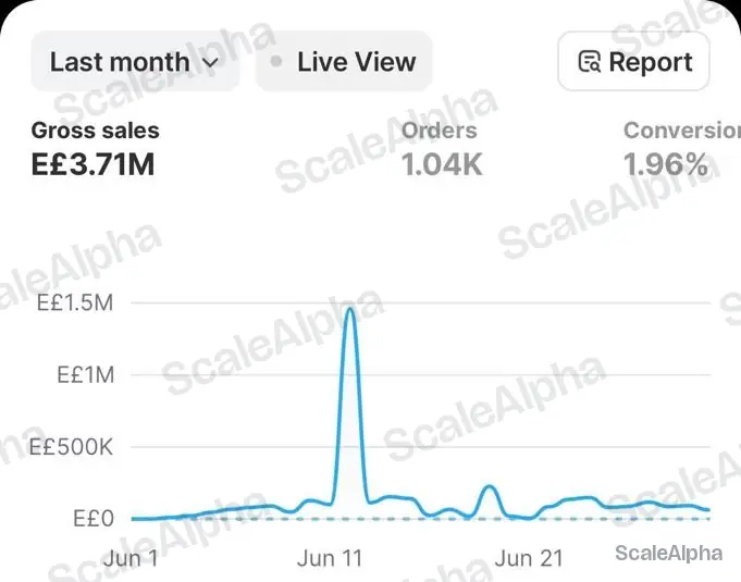 Shopify dashboard, last month: EGP 3.71M gross sales, 1.04K orders, 1.96% conversion
